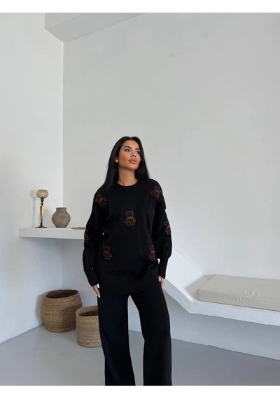 Maximodena Siyah Ayıcık Desenli Oversize Triko Takım - Siyah