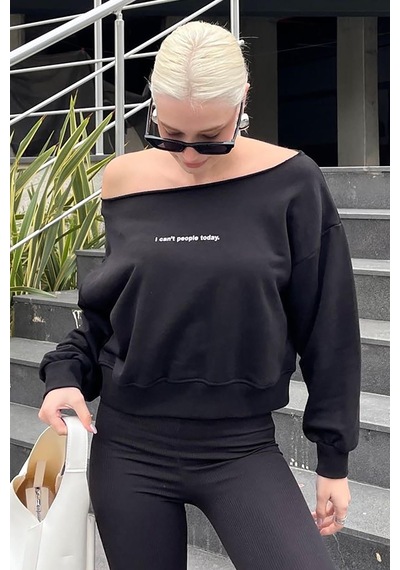 Siyah Kayık Yaka Baskılı Kadın Sweatshirt Mg2205