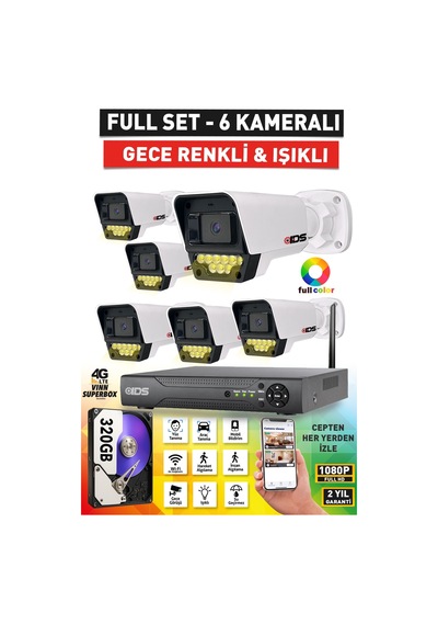 6 Kameralı 5mp Lensli Fullhd 1080p Renkli Gece Görüşlü Güvenlik Kamerası Seti 9 Led - 320gb