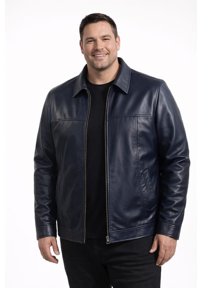 Viamod Leather Büyük Beden Erkek Hakiki Deri Ceket Lacivert Premium Gömlek Yaka Klasik Model Gerçek Deri Mont Üretici Garantili