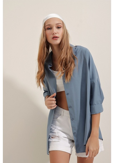 Hiccup Bdart Oversize Uzun Kollu Poplin Gömlek Oxford Mavisi
