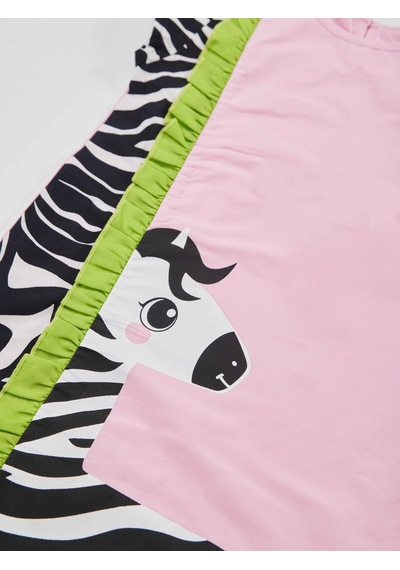 Fırfırlı  Zebra  Kız  Çocuk  Pembe  Yazlık  Elbise