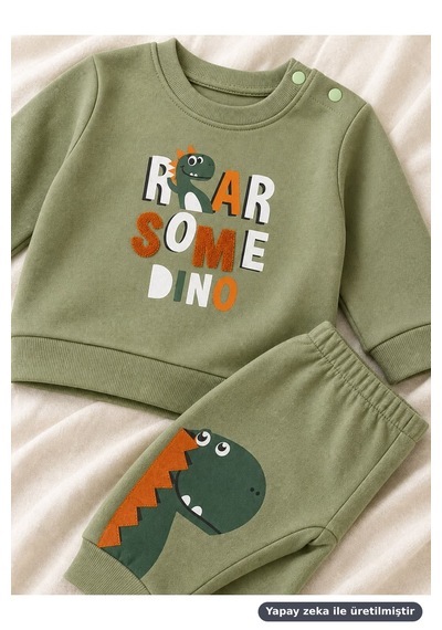 Ferasty İstanbul Erkek Bebek 2'li Takım Dinozor Baskılı Roarsome Dino Yeşil