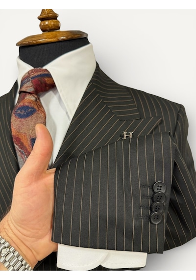 Hermose Sartorial Onyx Siyah Terakota Çizgili Kruvaze Takım Elbise