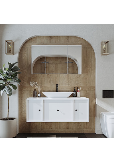 Çanak Lavabolu Mat Mdf 120 Cm Banyo Dolabı + Aynalı Dolabı Beyaz Mat Beyaz