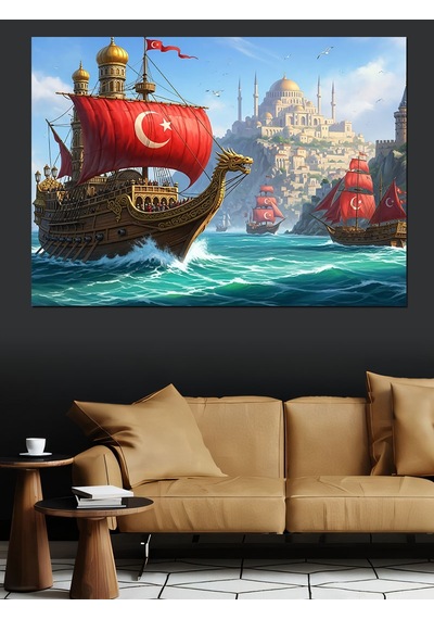 Türk Bayraklı Tarihi Gemi Dekoratif Kanvas - Mdf Ahşap Tablo
