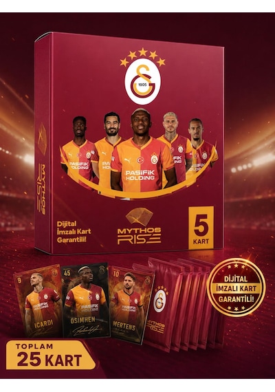 Mythos Rise Galatasaray Futbolcu Kartları 5'li Kutu Paketi 25 Kart Dijital İmzalı Kart Garantili