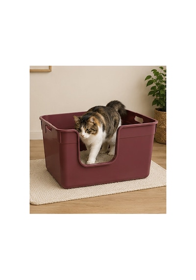 Pribor Yüksek Kenarlı Yarı Açık Kedi Tuvaleti, Geniş Ve Kolay Temizlenebilir 54 X 40 X 32 Cm Bordo