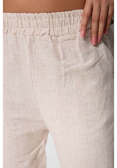 Kadın Beli Lastikli Cepli Keten Pantolon-3 Bej