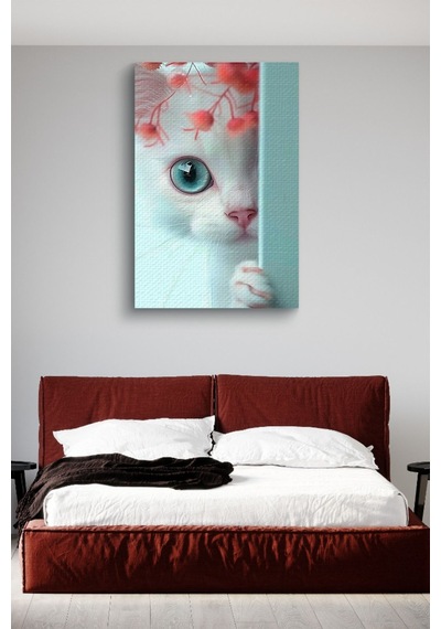 Duvar Arkasında Beyaz Kedi Yağlı Kanvas Tablo