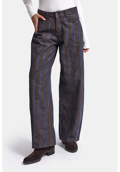 Kadın Kahve Çizgili 1w6-7 Barrel Fit Bol Kesim Tasarım Denim Pantolon