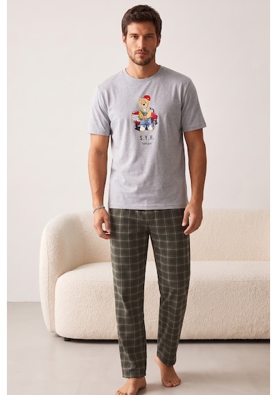 Siyah İnci Desenli Baskılı Örme Kısa Kollu Pijama Takım 8004 Grı Ayı