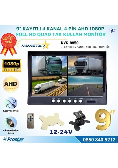 Kayıtlı 9 İnç 4 Kanal Full Hd Ahd Analog Uyumlu Quad Araç Monitörü 12-24v