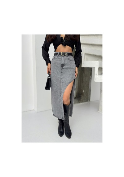 Kene Jeans Yüksek Bel Uzun Kar Siyah Ön Parçalı Asimetrik Kot Etek Kar Siyah