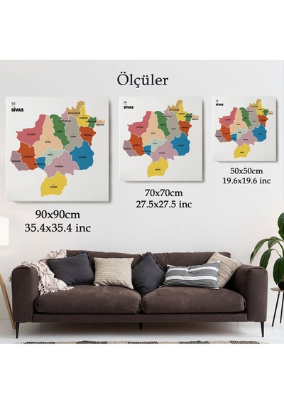 Es10 Özel Tasarım Sivas İli ve İlçeler Haritası Dekoratif Kanvas Tablo 1455 (70 x 70)