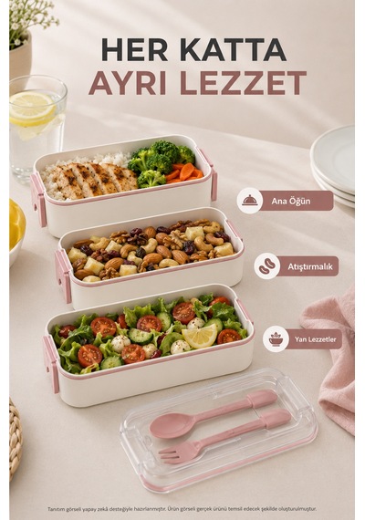 Pembe 3 Katlı Beslenme Kutusu Çatal Kaşık Dahil Kilitli Kapaklı Taşıma Saplı Yemek Saklama Kabı Seti