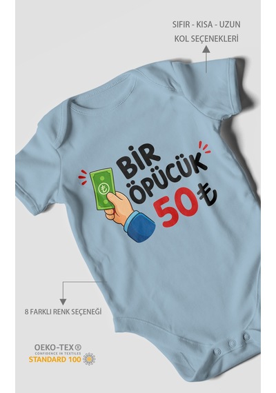 Morivokids Bir Öpücük 50tl Kısa Kollu Bebek Body %100 Pamuk Bebe Mavisi