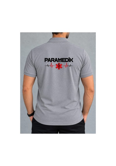 Paramedik Baskılı Polo Yaka %100 Pamuklu Tişört Gri