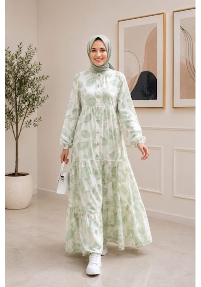 Hb Harma Time Butik Kadın Düğmeli Desenli Modal Kumaş Haki Elbise