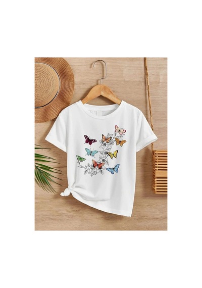 Kız Çocuk Bisiklet Yaka Baskılı T-shirt - Beyaz