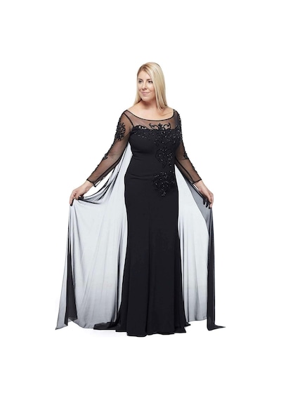 Moda Berray 8028 Uzun Kollu Arkası Şifon Kuyruklu Abiye Elbise Siyah Siyah