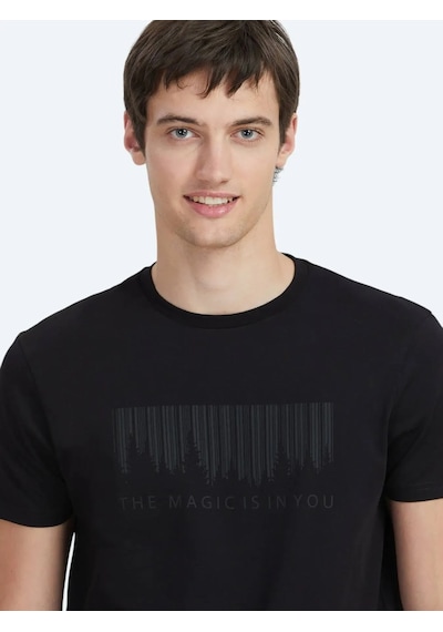 Kip Siyah Bisiklet Yaka %100 Pamuk T-shirt Siyah