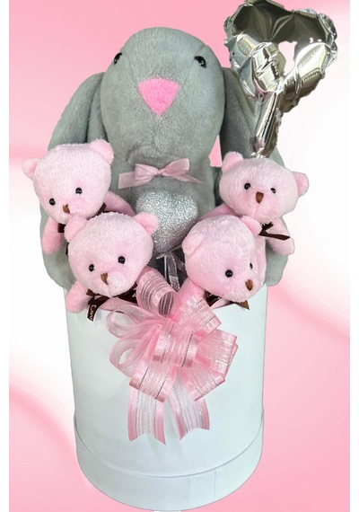 Sole Premium Özel Kutusunda 45 Cm Gri Bunny Tavşan, Simli Kalp 4 Pembe Ayıcık Ve Kalp Balonlu Buket