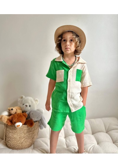 Jolly Kids Erkek Çocuk Çift Renk Müslin Gömlekli Alt Üst Takım-mint Mint Yeşili