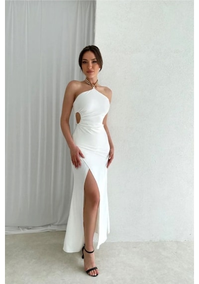 Rabia Çelik Choker Askı Detaylı Yırtmaçlı Midi Beyaz Elbise Beyaz Beyaz