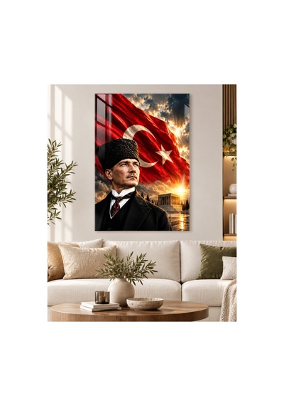 Atatürk, Anıtkabir Ve Türk Bayrağı Portre Temperli Cam Tablo
