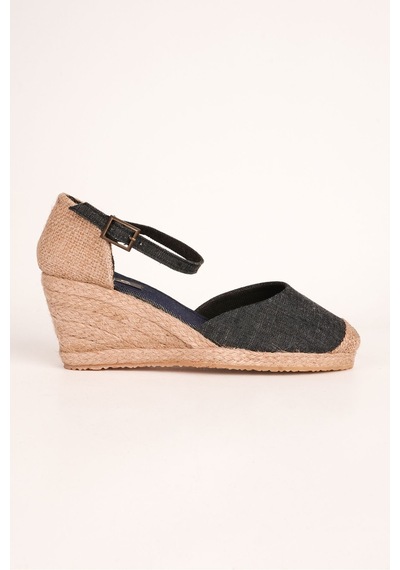 Star Tombis Gerçek Elişi Hasırlı Keten Espadril Dolgu Topuk Handmade Mavi