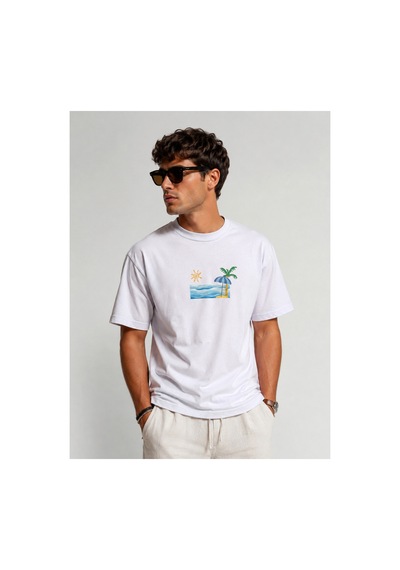 Me Selection Deniz Kum Güneş Tasarım %100 Pamuk Unisex Basic Tişört Beyaz