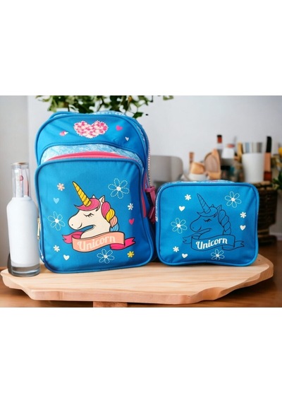 Mavi Unicorn Baskılı İlkokul Çantası Ve Beslenme Çantası Çok Renkli