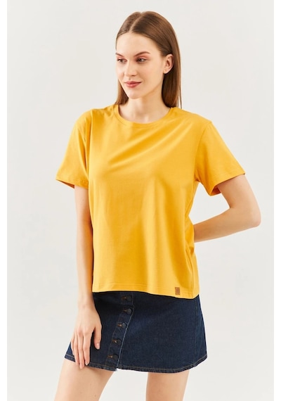 Kadın Oversize Rahat %100 Pamuklu Penye Bisiklet Yaka Kısa Kol Basic T-shirt Hardal