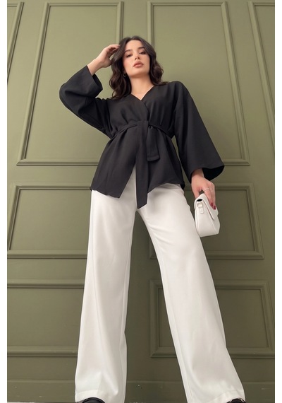 Koyu Siyah Kadın Kuşaklı Kimono 1177