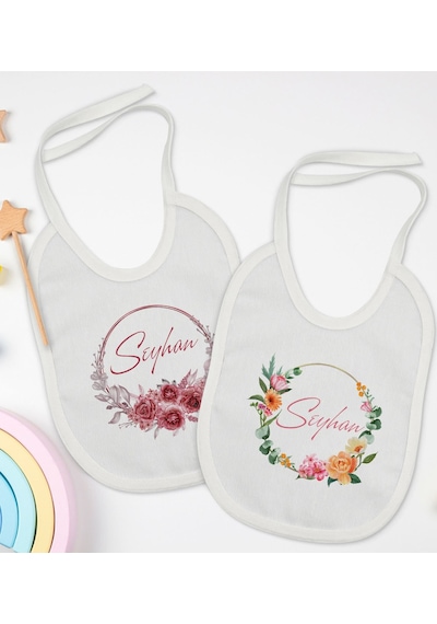 BK Kids Kişiye Özel Çiçek Tasarımlı 2’li Beyaz Mama Önlüğü-1 Beyaz