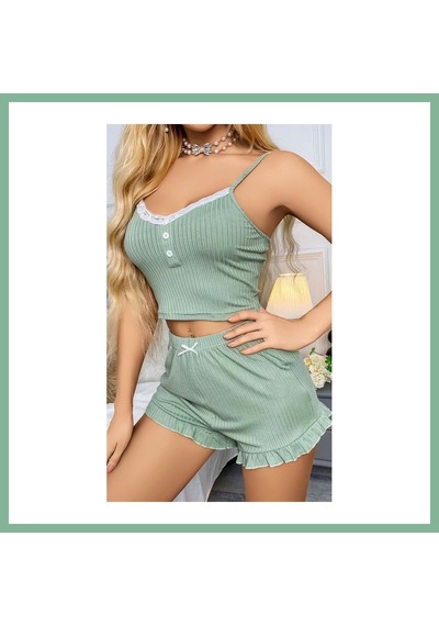 Bşkvirgo Kadın Yeşil Dantel Detaylı Şortlu Gecelik Pijama Takımı 5014 Beden: L/xl Renk: Yeşil Bsk2026