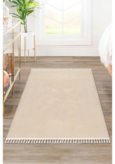 Valeryhome Vl Comfort Peluş Halı Beyaz Düz Saçaklı Bej Ponpon Saçak