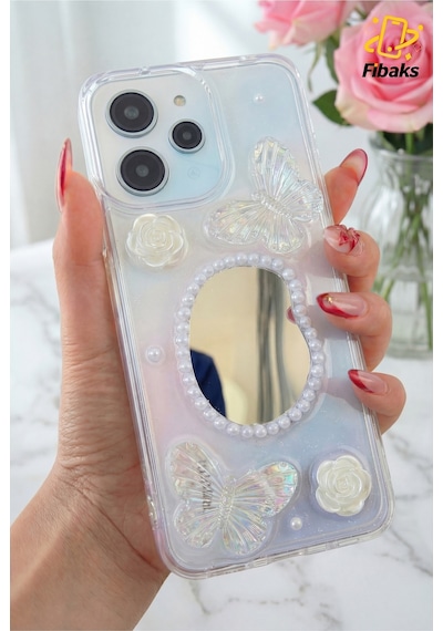 Fibaks Redmi 12 Uyumlu Kılıf 3d Kelebek Gül Desenli Aynalı Simli Şeffaf Tasarımlı Silikon Kapak