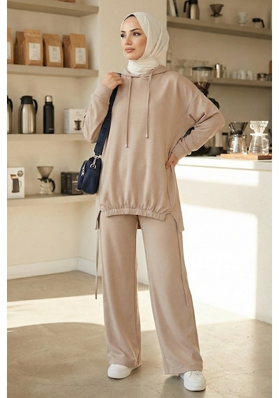 Bestenur Kapüşonlu Tunik Pantolon Takım 1682 - Vizon Vizon