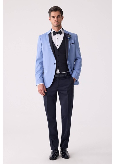 Ysf Erkek Mavi Slim Fit Yelekli Damatlık