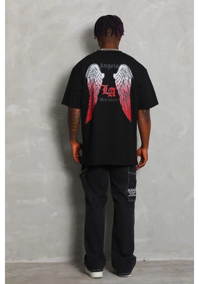 Erkek Oversize Baskılı Bisiklet Yaka Kısa Kol T-shirt - Siyah Siyah