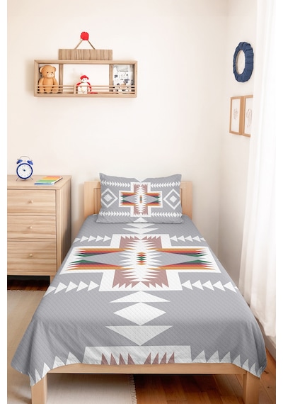 Gri Etnik Geometrik Genç Odası Tek Kişilik Pike Takımı-bohem Beyaz 160x220 Cm Kapitone Yatak Örtüsü Mercansı Kum Tonu
