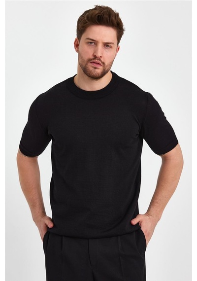 Cool Tarz Siyah Erkek Yarım Balıkçı Düz Triko T-shirt-trz19129r05s Siyah Siyah