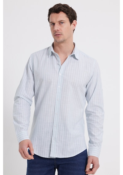 Tudors Erkek Slim Fit Dar Kesim Uzun Kollu %100 Pamuk Keten Doku Çizgili Gömlek-42654 Mint