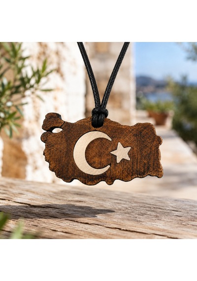 Ay Yıldızlı Türkiye Haritası Çift Taraflı Eskitme Ahşap Metal Kolye - Unisex Çok Renkli