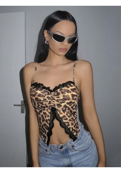 Kadın Leopar Desenli Crop Önden Dantel Detaylı 5095 Siyah