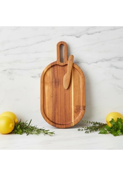Doğal Akasya Ahşap Oval Peynir Ve Sunum Tahtası 30x14 Cm Saplı Servis Tepsisi, Yanında Özel Ahşap Peynir Bıçağı İle 2 Parça Set 15cm