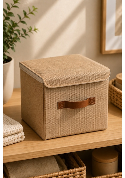 Kapaklı Jüt Saklama Kutusu 25x25x25 Cm Katlanabilir Dolap Düzenleyici Raf Organizer Doğal