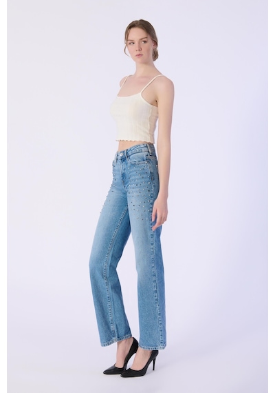 Wide Leg Kalıp Cep Altı Taş Detay Denim Pantolon-a.mavi Açık Mavi